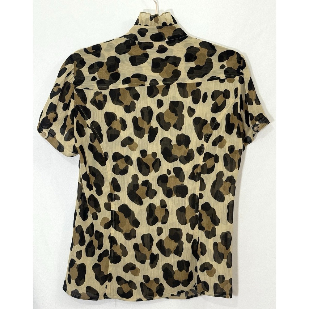 Sunny Leigh Leopard Print Sheer Ruffle Neck Top Blouse Womens Size L - Picture 2 of 7
